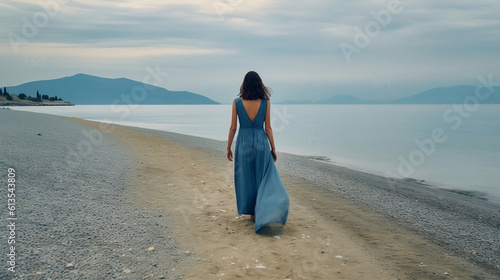 beautiful woman in a blue dress on the beach - Generative AI