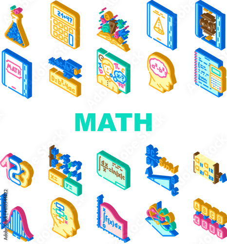 math science education school icons set vector. physics formula, equation mathematics, technology student algebra study geometry math science education school isometric sign illustrations