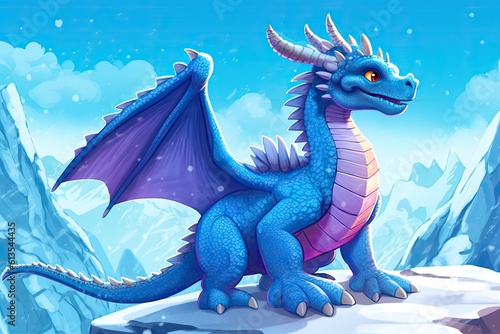 A majestic ice dragon, standing on a snowy mountain, depicted in a cartoon animation style. Generative AI © Nutcha