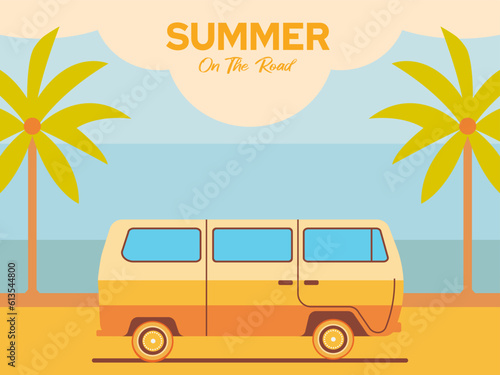 background summer trip by car and view on the beach, coconut trees, beach, sea, summer vacation.landscape, banner, poster, cover, print. summer on the road.