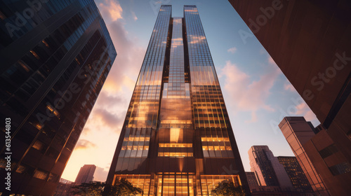 skyscraper of tall buildings at sunset stock photo, in the style of light bronze and dark amber (Generative AI)