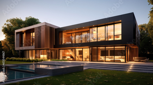modern house with swimming pool and large windows, in the style of dark bronze and light bronze, earthy tones, wood (Generative AI) © Антон Безверхий