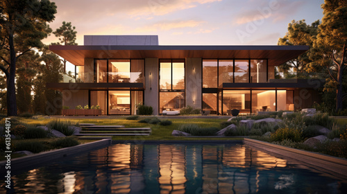 a modern luxury house in the hills beside a pool house exterior, bronze and beige (Generative AI)