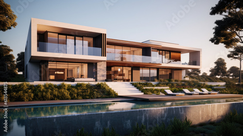 a modern home at dusk, light amber and beige (Generative AI)