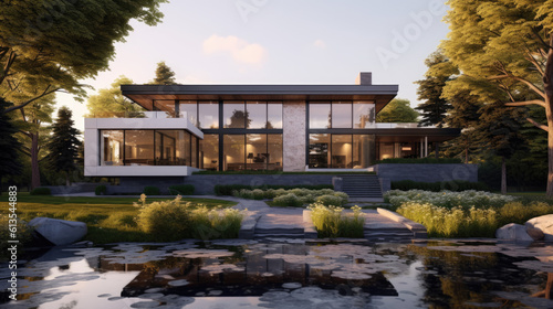 a design of a modern home on a pond surrounded by trees, refined elegance (Generative AI)