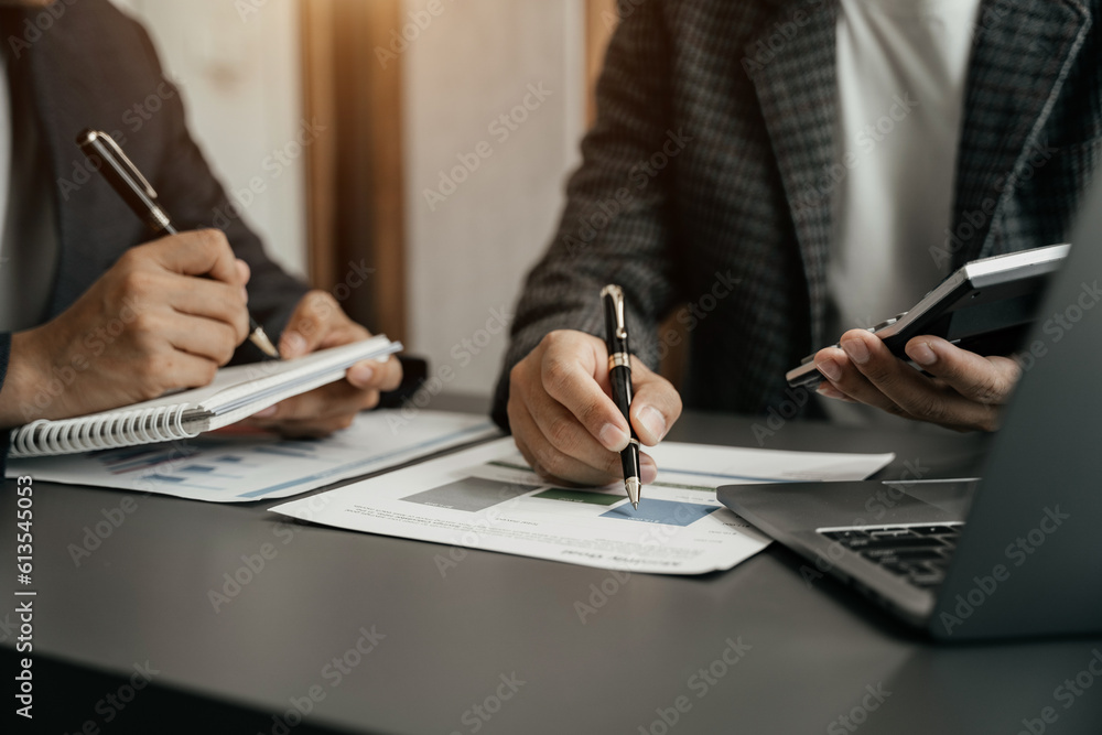 Business people discussing on performance revenue in meeting. businessman working with co-worker team. financial adviser analyzing data with investor at home office. Business people discussing on performance revenue in meeting. businessman working with co-worker team. financial adviser analyzing data with investor at home office.