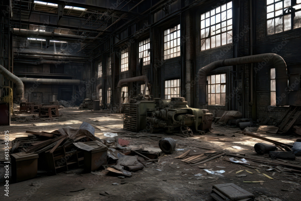 An intriguing shot of an abandoned industrial building, with rusted machinery and peeling paint, capturing the beauty of decay and urban exploration An intriguing shot of an abandoned industrial building, with rusted machinery and peeling paint, capturing the beauty of decay and urban exploration