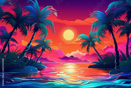 Persperctive background of a summer scene with water, palms and neon colors. AI generative