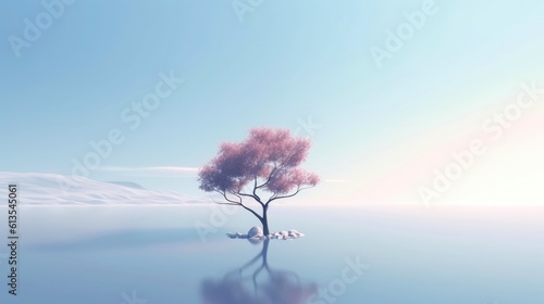 Abstract illustration minimalist landscape  alone tree in clear nature landscapeAbstract illustration minimalist landscape  Alone tree in clear nature landscape  Generative AI illustration