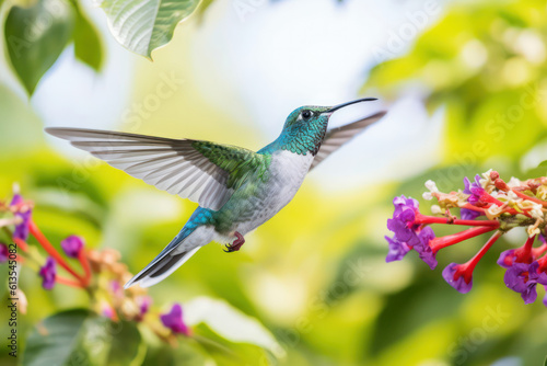 A close-up of a graceful hummingbird hovering near a colorful flower, capturing the beauty of nature's delicate creatures