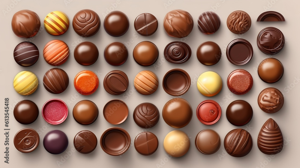 Chocolate candies collection, Bright color. Generative Ai Chocolate candies collection, Bright color. Generative Ai