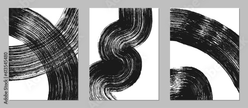 Set of abstract backgrounds. Black ink brush strokes, patterns, posters, cover.