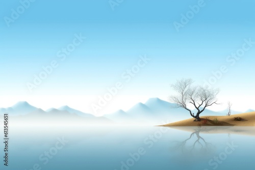 Abstract illustration minimalist landscape, alone tree in clear nature landscapeAbstract illustration minimalist landscape, Alone tree in clear nature landscape, Generative AI illustration