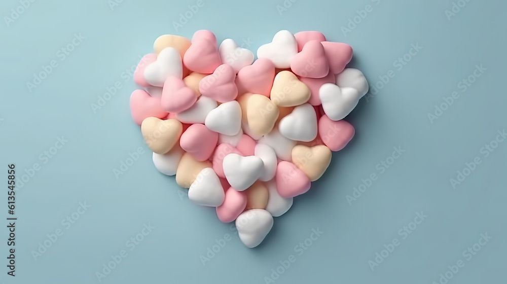 Marshmallows heart shape with space for text, Bright color. Generative Ai Marshmallows heart shape with space for text, Bright color. Generative Ai