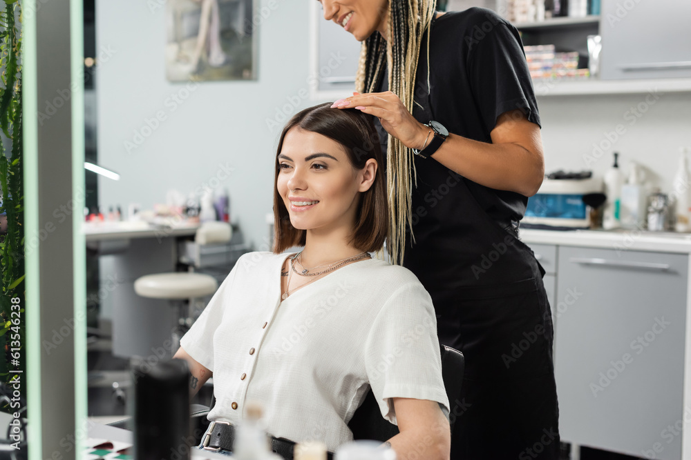 beauty salon work, happy hairdresser with braids and female client, hairstyling, hair treatment, hairdo, extension, salon customer, beauty profession, client satisfaction, tattooed beauty salon work, happy hairdresser with braids and female client, hairstyling, hair treatment, hairdo, extension, salon customer, beauty profession, client satisfaction, tattooed