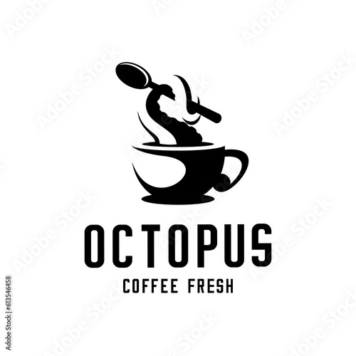 vector silhouette of an octopus tentacle over a coffee cup holding a spoon