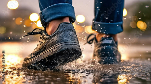 Generative AI image of a pair of shoes confidently treading through a serene puddle, sending playful splashes into the air, a whimsical dance of water and footwear.