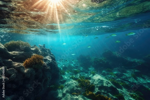life of a coral reef illuminated by the sun's rays shining through the water © Virginie Verglas