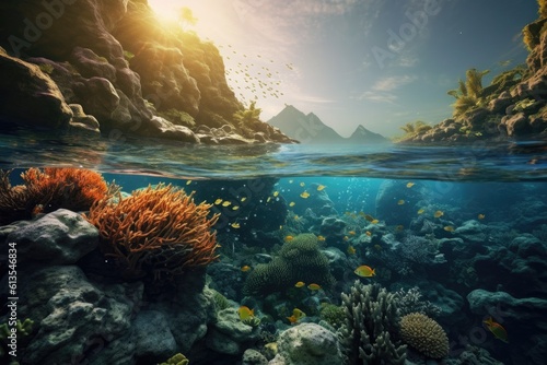 Illustration of a vibrant coral reef with a majestic mountain in the distance, Generative AI
