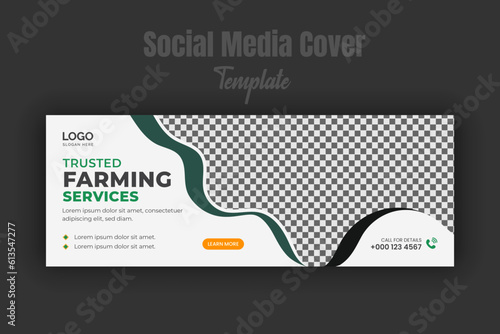 Trusted farming service social media cover or post design template, modern lawn mower garden, landscaping service promote with abstract green color shapes and white background