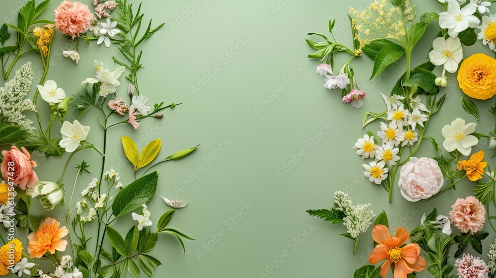 Bright Summer Floral Pattern: Variety of Flowers and Leaves on Pale Green Background - Perfect Decoration for Your Copy Space: Generative AI Bright Summer Floral Pattern: Variety of Flowers and Leaves on Pale Green Background - Perfect Decoration for Your Copy Space: Generative AI
