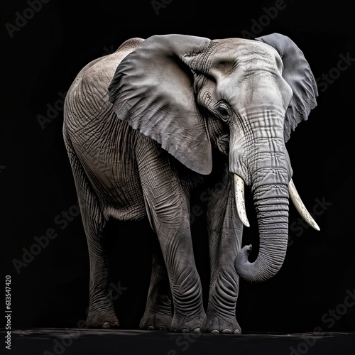 Big, Impressive African Elephant Loxodonta Walking Forward on a Dark Background: A Realistic, Artistic Photo Portrait: Generative AI