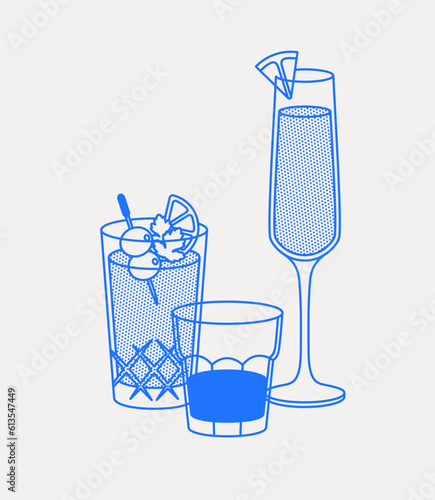 Mimosa, Bloody Mary, and a short drink. Line art, retro. Vector illustration for bars, cafes, and restaurants.