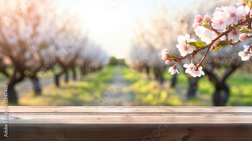 Charming Almond Trees in Spring  Wooden Table Displayed amongst Delicate Blooms and Cherry Trees  Generative AI
