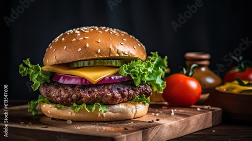 Tempting Grilled Beef Burger with Cheese, Tomatoes, Lettuce and Onion - Delicious Fast Food Sandwich Product Photo. Generative AI