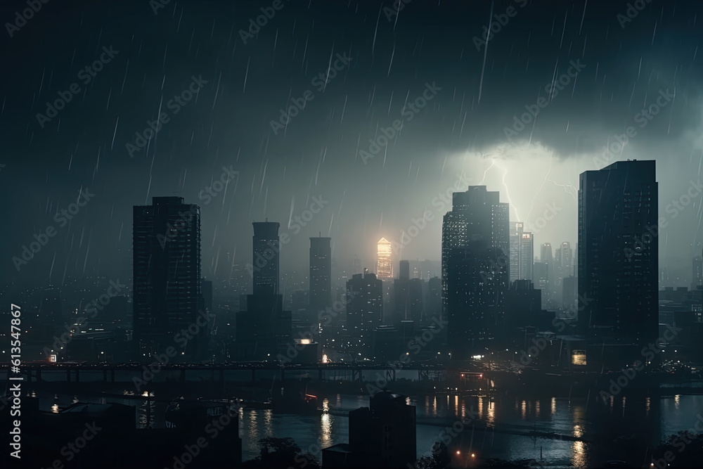 Fototapeta premium Electric thunder storm Night. Witness the dramatic scene as lightning strikes illuminate the dark stormy sky over the city skyline. Copy space for text. Weather concept AI Generative