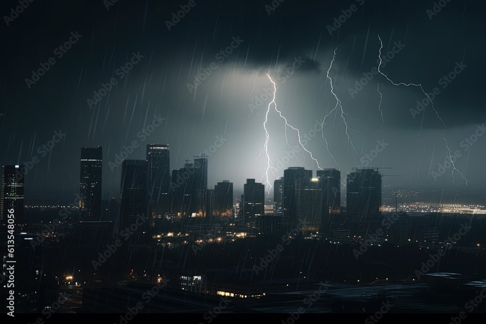 Electric thunder storm Night. Witness the dramatic scene as lightning strikes illuminate the dark stormy sky over the city skyline. Copy space for text. Weather concept AI Generative Electric thunder storm Night. Witness the dramatic scene as lightning strikes illuminate the dark stormy sky over the city skyline. Copy space for text. Weather concept AI Generative