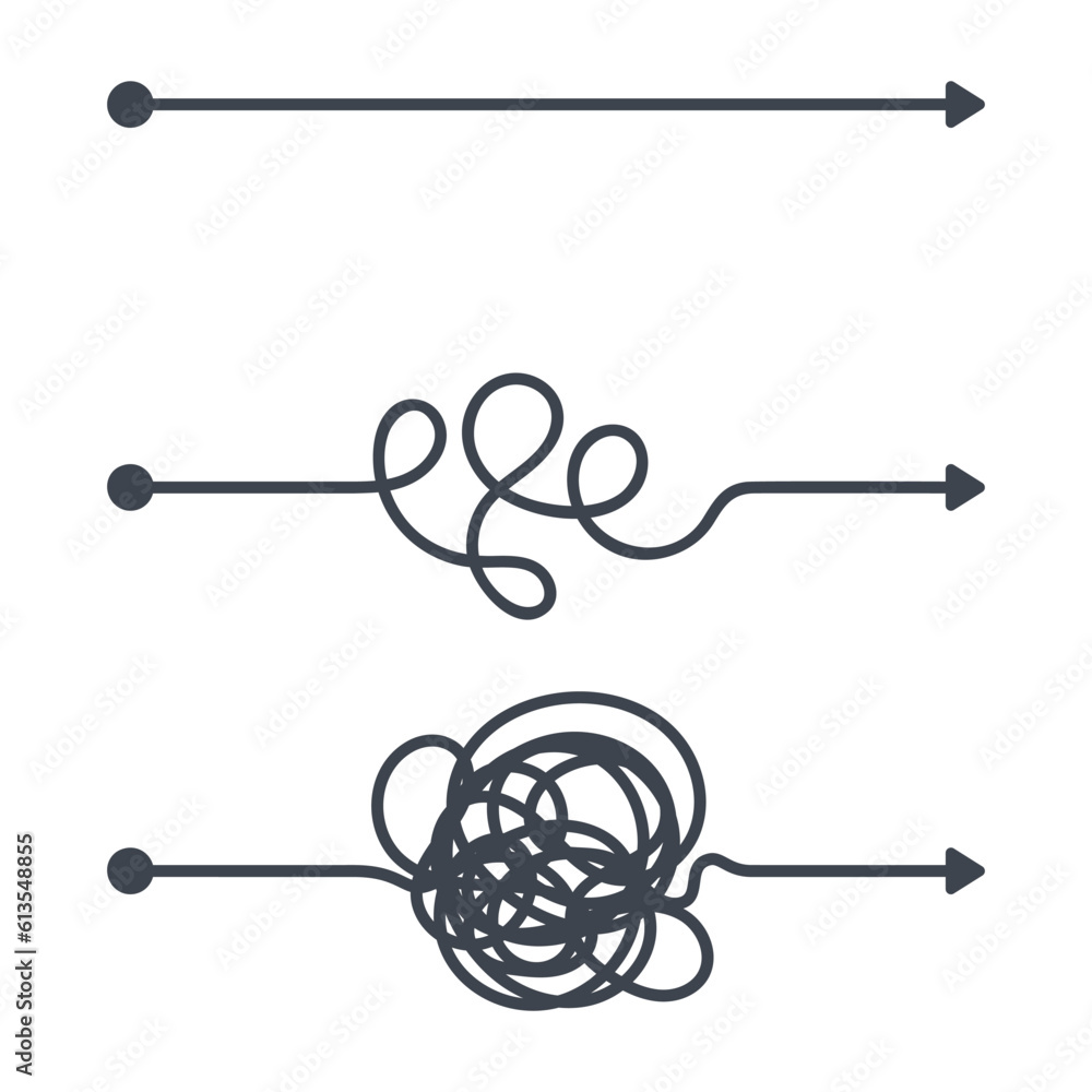 Easy and chaos way complex. Simple and difficult arrow concept, business line strategy flat vector illustration set Easy and chaos way complex. Simple and difficult arrow concept, business line strategy flat vector illustration set