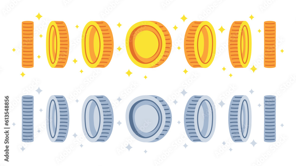 Cartoon coins animation. Game animated golden and silver coins, casino or video games money spin. Silver and gold cash coins flat vector illustration set