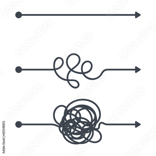 Easy and chaos way complex. Simple and difficult arrow concept, business line strategy flat vector illustration set