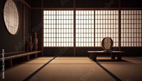 Traditional japanese empty room interior with tatami mats.3d rendering