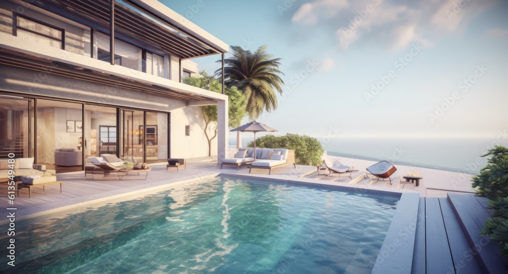 Luxury beach house with sea view swimming pool and terrace at vacation.3d rendering