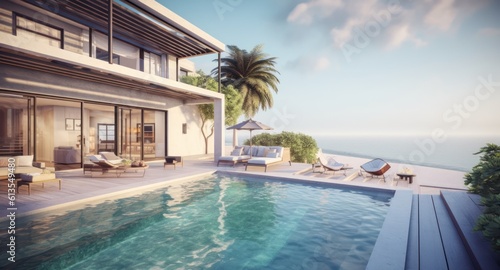 Luxury beach house with sea view swimming pool and terrace at vacation.3d rendering © Eli Berr
