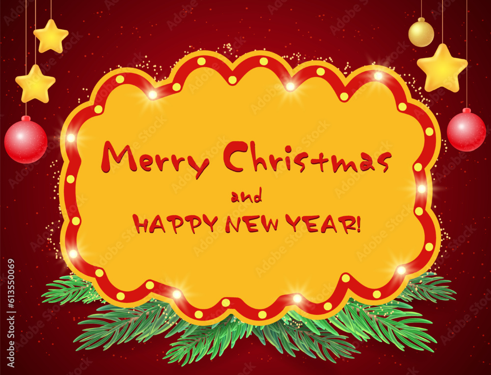 Christmas and New Year vector background with sparkle shining banner, fir tree branches and hanging celebrate balls