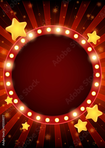 Abstract vector illustration background with shining beams of light, stars and round sparkle golden banner