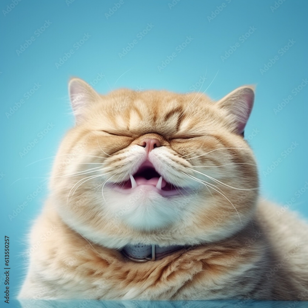 Muzzle of a chubby cat isolated on a blue background. Cute cat with a charming smile and a cheerful look. Always hungry