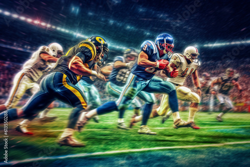Thrilling football showdown: Players pass, run, and tackle in pursuit of victory. Generative AI