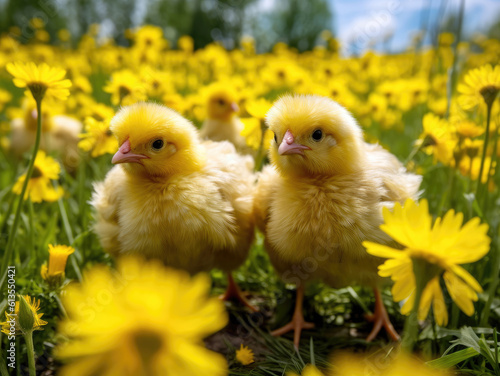 Yellow chickens in a field among yellow dandelions