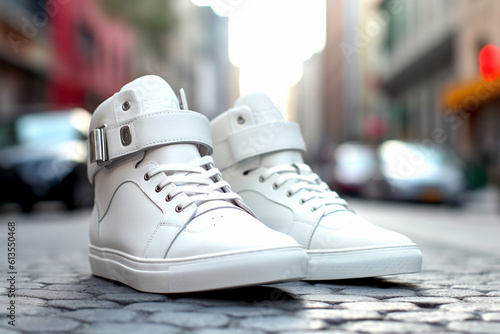 Urban chic white leather sneaker complements city Generative AI © Muhammad Shoaib