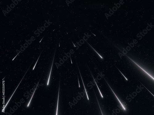 Star rain in the night sky. A stream of meteors reached the Earth. Falling meteorites on a black background.
