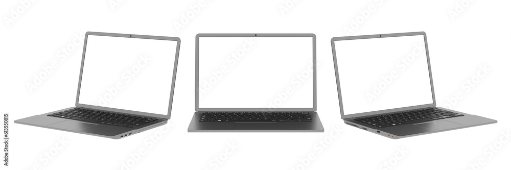 A set of three isolated images of a black laptop from different angles. A blank laptop screen for inserting a picture. Isolate. 3D render. A set of three isolated images of a black laptop from different angles. A blank laptop screen for inserting a picture. Isolate. 3D render.