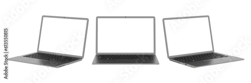 A set of three isolated images of a black laptop from different angles. A blank laptop screen for inserting a picture. Isolate. 3D render.