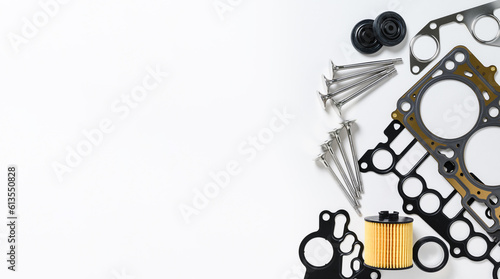 Flat lay. New auto parts on a white background. Copy space. Auto parts store