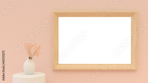 A blank photo frame on the wall for inserting images. White cylindrical cabinet in the corner with a houseplant. Isolate. 3D render.