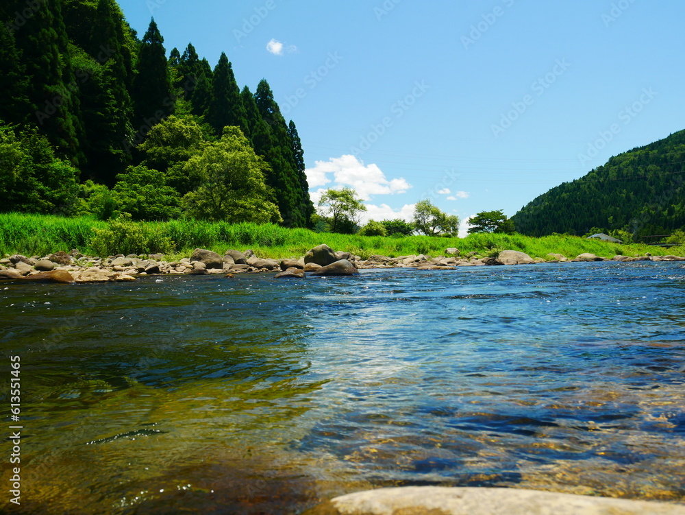 July 30, 2022 Nagataki, Gujo City, Gifu Prefecture, Japan, view from the Nagara River