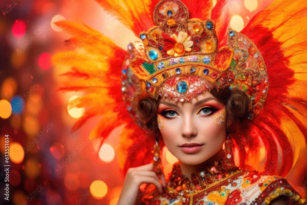 The enchanting beauty of a woman dressed in a lively and colorful New Year's costume against a vibrant backdrop in a studio setting. Generative AI